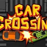 Textul Car Crossing în culori vii, suprapus peste ilustrația a două mașini care se ciocnesc pe o trecere de pietoni