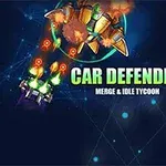 Textul Car Defender Merge & Idle Tycoon pe un fundal cu un vehicul spațial care trage către un robot uriaș și o mașină mov în partea dreaptă
