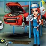 O femeie mecanic zâmbitoare, ținând o cheie în apropierea unei mașini roșii ridicate pe cric într-un garaj, cu logo-ul unui joc cu mașini în stânga
