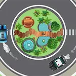 O șosea circulară în jurul unei insule centrale cu apă, plante și podețe, pe care circulă două mașini