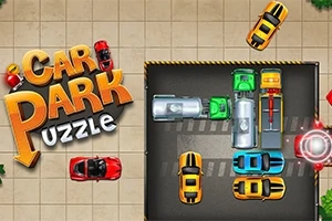 Ilustrație cu mai multe mașini parcate și în mișcare pe un fundal de asfalt, cu textul „Car Park Puzzle” în partea stângă