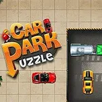 Ilustrație cu mai multe mașini parcate și în mișcare pe un fundal de asfalt, cu textul „Car Park Puzzle” în partea stângă