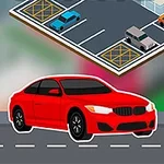 Mașină roșie pe o stradă cu marcaje de parcare, alături de un indicator de parcare și o parcare supraetajată în fundal