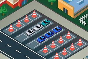 Parcare desenată în stil isometric cu mașini aliniate și delimitată de conuri de trafic portocalii