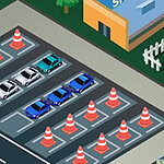 Parcare desenată în stil isometric cu mașini aliniate și delimitată de conuri de trafic portocalii