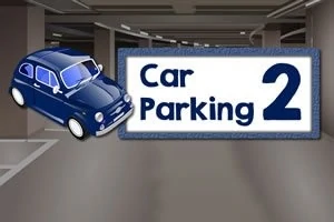 Mașină albastră stilizată și semn cu textul Car Parking 2 în interiorul unui garaj