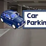Mașină albastră stilizată și semn cu textul Car Parking 2 în interiorul unui garaj