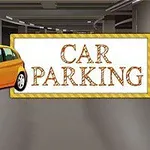 Imagine cu o mașină portocalie și un semn mare cu textul Car Parking într-o parcare acoperită