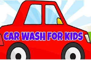 Mașină roșie de desene animate cu textul Car Wash for Kids pe lateral