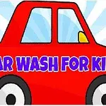 Mașină roșie de desene animate cu textul Car Wash for Kids pe lateral