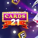 Cărți de joc cu simbolurile inimă roșie, inimă neagră, treflă și caro pe un fundal violet cu efecte de lumină și textul Cards 21 într-un chenar strălucitor