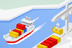 Vapor cu containere colorate navigând lângă un terminal de încărcare