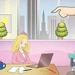 Două femei la birou într-un mediu urban, cu o mână mare indicând în sus și ferestre mari cu vedere la oraș
