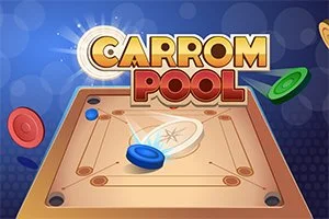 Un panou de joc carrom cu piese în diverse culori și un logo care apare deasupra