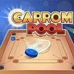 Un panou de joc carrom cu piese în diverse culori și un logo care apare deasupra