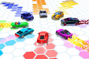 Mașini colorate pe o suprafață hexagonală albă, fiecare lăsând o urmă de culori distincte