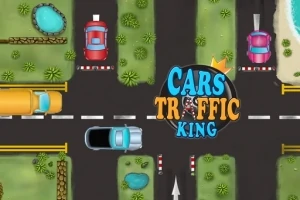 Intersecție rutieră animată, cu mașini colorate pe șosea și elemente de decor precum iarbă și apă, având titlul Cars Traffic King în centru