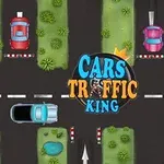 Intersecție rutieră animată, cu mașini colorate pe șosea și elemente de decor precum iarbă și apă, având titlul Cars Traffic King în centru