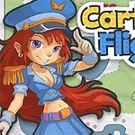Personaj animat cu păr roșu, purtând o uniformă albastră de aviator, pe un fundal cu text și elemente grafice