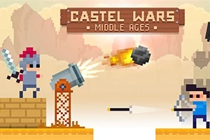 Un cavaler pixelat cu sabie și un arcaș pixelat cu arc se confruntă, iar între ei zboară un proiectil tras dintr-un tun