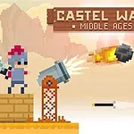 Un cavaler pixelat cu sabie și un arcaș pixelat cu arc se confruntă, iar între ei zboară un proiectil tras dintr-un tun