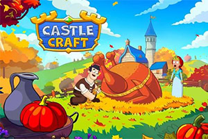 Personaje animate într-un peisaj de basm, cu un bărbat lângă un curcan uriaș de recuzită și o femeie în rochie medievală, în fața unui castel