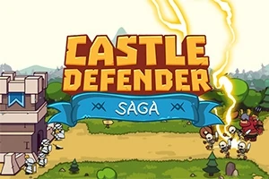 Turn de castel cu steag albastru, soldați în stânga și un grup de creaturi scheletice și un orc în dreapta, sub un banner albastru și text mare