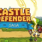 Turn de castel cu steag albastru, soldați în stânga și un grup de creaturi scheletice și un orc în dreapta, sub un banner albastru și text mare