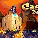 Un vrăjitor pe un turn de castel apără împotriva unei mulțimi de inamici într-un peisaj animat cu fum și flăcări