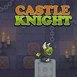 Un cavaler adormit cu un coif cu coarne stă sprijinit pe un piedestal, înconjurat de stele galbene, candelabre și lanțuri, cu textul Castle Knight deasupra