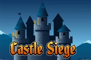 Castel medieval cu trei turnuri iluminate, pe fundal de munți, cu text decorativ Castle Siege în prim-plan