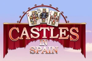 Carti de joc de rege, regina si valet deasupra unui banner rosu pe care scrie Castles in Spain