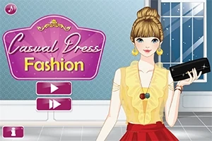 Fată stilizată într-o bluză galbenă și fustă roșie, ținând o geantă neagră, cu un logo Casual Dress Fashion pe fundal roz
