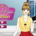 Fată stilizată într-o bluză galbenă și fustă roșie, ținând o geantă neagră, cu un logo Casual Dress Fashion pe fundal roz