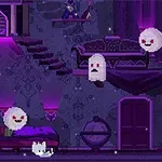 Un peisaj de interior pixelat, cu tonalități mov, arată un dormitor și un living cu trepte, un pat, o canapea și fantome plutitoare