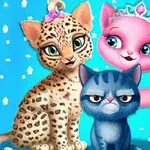 Trei pisici animate, una roz cu diademă, una albastră cu o expresie serioasă și alta cu blană de leopard și fundiță roz, pe un fundal albastru cu detalii albe