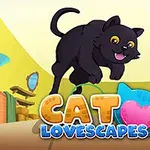 Un motan negru sare vesel într-o cameră cu mingi de ață și inimioare, iar în prim-plan este textul „Cat Lovescapes”