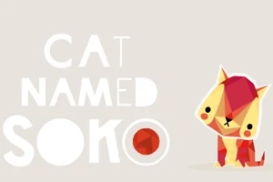 Un pisoi stilizat cu forme geometrice în culori roșu și galben și text mare „CAT NAMED SOKO” pe un fundal deschis