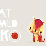 Un pisoi stilizat cu forme geometrice în culori roșu și galben și text mare „CAT NAMED SOKO” pe un fundal deschis