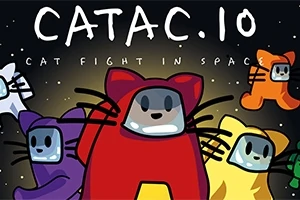 Pisici în costume spațiale colorate pe fundal de spațiu cu text CATAC