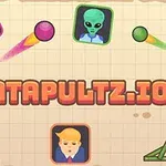 Desen animat cu catapulte colorate, bile care zboară și icoane de personaje pe un fundal grafic