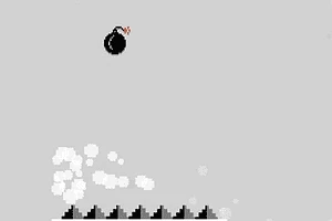 O bombă neagră cu fitil aprins și vârfuri negre într-un fundal gri pixelat