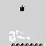 O bombă neagră cu fitil aprins și vârfuri negre într-un fundal gri pixelat