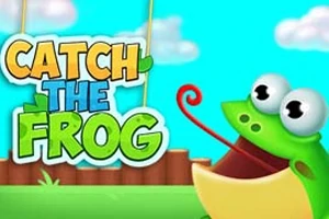 Broască verde animată cu ochi mari și limbă scoasă, alături de text colorat CATCH THE FROG pe un fundal de cer albastru și nori pufoși