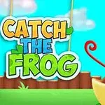 Broască verde animată cu ochi mari și limbă scoasă, alături de text colorat CATCH THE FROG pe un fundal de cer albastru și nori pufoși