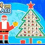 Moș Crăciun ține un cadou lângă un brad decorat, pe un fundal albastru cu desene festive