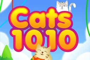 Text colorat „Cats 1010” pe un fundal cu cer senin și nori, însoțit de pisici animate
