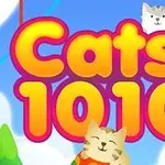 Text colorat „Cats 1010” pe un fundal cu cer senin și nori, însoțit de pisici animate