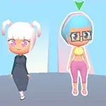 Două personaje animate cu părul alb și pastelat, unul purtând o rochie neagră și celălalt îmbrăcat în tricou galben și pantaloni roz, pe un fundal albastru deschis