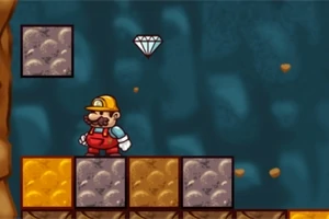 Personaj animat cu cască și salopetă roșie stând pe platforme cubice, lângă un diamant plutitor